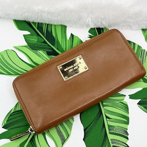 Michael Kors Handbags - Michael Kors Jet Set Zip Around Saffiano Leather Brown Continental Wallet